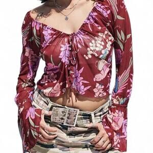 Free People Burgundy Floral Print Cropped Top With Bell Sleeves and tie front